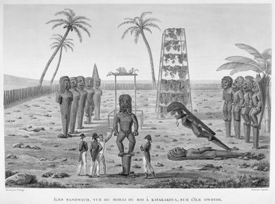 Sandwich Islands: View of the Morai of the King, at Kayakakoua on the Island of Owhyhi, from 